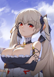 Rule 34 | 1girl, azur lane, bad id, bad pixiv id, bare shoulders, between breasts, black dress, breasts, cleavage, commentary request, cro (artist), dress, formidable (azur lane), frilled dress, frills, hair ribbon, highres, large breasts, long hair, looking at viewer, red eyes, ribbon, solo, twintails, very long hair