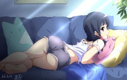 Rule 34 | 1girl, arched back, ass, ass focus, back, bare legs, barefoot, blouse, blue hair, couch, dated, hibike! euphonium, highres, indoors, light rays, liz to aoi tori, looking at viewer, medium hair, nii manabu, open mouth, pillow, plant, red eyes, shirt, short shorts, shorts, signature, soles, solo, sunbeam, sunlight, thighs, yoroizuka mizore