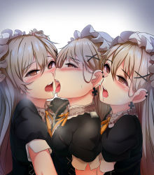 Rule 34 | 3girls, absurdres, blonde hair, blush, breasts, brown eyes, clone, commentary request, cross, cross earrings, dummy (girls&#039; frontline), earrings, empty eyes, frills, girls&#039; frontline, hair between eyes, hair ornament, hairband, hairclip, highres, jewelry, long hair, maid headdress, multiple girls, open mouth, ppk (girls&#039; frontline), puffy short sleeves, puffy sleeves, saliva, saliva trail, selfcest, short sleeves, small breasts, tears, teeth, tongue, tongue out, upper body, x hair ornament, yellowseeds, yuri