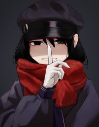 Rule 34 | 1girl, black eyes, cabbie hat, empty eyes, finger to mouth, gloves, grin, hat, highres, kis sako, looking at viewer, original, scarf, shushing, simple background, smile, upper body, white gloves