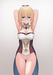 Rule 34 | 1girl, armpits, arms behind head, arms up, bare shoulders, belt, black ribbon, blonde hair, blue eyes, blush, breasts, censored, chinese commentary, cleavage, cleft of venus, closed mouth, commentary request, cowboy shot, detached collar, embarrassed, eyebrows, frown, genshin impact, gluteal fold, gradient background, hair between eyes, hair ribbon, highres, jean (genshin impact), large breasts, legs together, long hair, looking at viewer, mosaic censoring, naked shirt, panties, unworn panties, pants, unworn pants, ponytail, pussy, ribbon, shirt, sidelocks, simple background, solo, strapless, strapless shirt, thigh gap, underwear, z282g