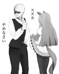 Rule 34 | 1boy, 1girl, absurdres, animal ears, assertive female, bald, clothes lift, clothing cutout, commentary request, cowboy shot, ear covers, flashing, greyscale, hand on own hip, hatinanasan8787, highres, horse girl, horse tail, long hair, long sleeves, looking away, monochrome, motion lines, pants, pantyhose, pleated skirt, puffy sleeves, silence suzuka (umamusume), skirt, skirt lift, sweatdrop, tail, tail through clothes, trainer (umamusume), translated, umamusume, vest