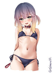 Rule 34 | 1girl, alternate costume, arms behind back, bare shoulders, bikini, black bikini, collar, cropped legs, ebifurya, flat chest, gluteal fold, gradient eyes, gradient hair, hair ornament, hairclip, heart, heart-shaped pupils, highres, holding, holding leash, kantai collection, leash, looking at viewer, multicolored eyes, multicolored hair, navel, one-hour drawing challenge, open mouth, red collar, ribs, short hair, simple background, solo, stomach, swimsuit, symbol-shaped pupils, tareme, tsushima (kancolle), twitter username, white background