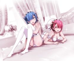 Rule 34 | 10s, 2girls, :d, :o, armpits, ass, bed, bed sheet, black ribbon, blue hair, blunt bangs, bra, breasts, butt crack, cleavage, curtains, hair ornament, hair over one eye, hair ribbon, hairband, indoors, looking at viewer, lying, medium breasts, multiple girls, no shoes, on bed, on stomach, open mouth, panties, pink eyes, pink hair, plant, potted plant, ram (re:zero), re:zero kara hajimeru isekai seikatsu, rem (re:zero), ribbon, sbel02, short hair, siblings, sisters, sitting, smile, tareme, thighhighs, twins, underwear, underwear only, vase, white bra, white legwear, white panties, x hair ornament