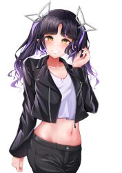 Rule 34 | 1girl, absurdres, alternate costume, black hair, black jacket, black pants, blush, commentary request, cowboy shot, crop top, cropped jacket, demon girl, demon horns, grey horns, grey shirt, grin, hand up, highres, horns, jacket, kojo anna, long hair, looking at viewer, medium bangs, midriff, multicolored hair, nanashi inc., navel, open clothes, open jacket, pants, parted lips, pointy ears, purple hair, robou no stone, shirt, simple background, smile, solo, transparent background, twintails, two-tone hair, virtual youtuber, wavy hair, yellow eyes, zipper