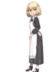 Rule 34 | 10s, 1girl, alternate costume, apron, bad id, bad pixiv id, black footwear, black shirt, black skirt, blonde hair, blue eyes, blunt bangs, enmaided, fang, fang out, from side, full body, girls und panzer, highres, katyusha (girls und panzer), long skirt, looking at viewer, maid, mary janes, shirt, shoes, short hair, sikijou77o, simple background, skirt, smile, solo, standing, white apron, white background, white legwear
