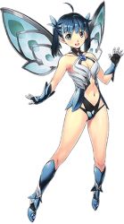 Rule 34 | 1girl, aena (sennen sensou aigis), bare shoulders, blue eyes, blue hair, boots, breasts, center opening, cleavage, fairy, fairy wings, full body, gloves, leotard, looking at viewer, matching hair/eyes, official art, open mouth, sennen sensou aigis, small breasts, smile, solo, transparent background, twintails, uchiu kazuma, white background, wings