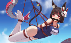 Rule 34 | 1girl, animal ear fluff, animal ears, azur lane, bdsm, bit gag, black hair, bondage, bound, breasts, cat tail, collarbone, commentary, commentary request, covered navel, fox mask, gag, gagged, haimei1980, hogtie, koinobori, large breasts, mask, mask on head, mouth hold, navel, red eyes, rope, school swimsuit, short hair, suspension, swimsuit, tail, tears, thighhighs, white thighhighs, windsock, yamashiro (azur lane), yamashiro (summer offensive?) (azur lane)