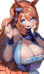 Rule 34 | 1girl, absurdres, animal ears, bare shoulders, blue bag, blue eyes, blue scarf, braid, braided ponytail, breasts, brown hair, closed mouth, commentary request, detached sleeves, hair between eyes, highres, horse ears, horse girl, large breasts, long hair, looking at viewer, multicolored hair, pointing, pointing up, scarf, scrunchie, short sleeves, simple background, smile, solo, streaked hair, super creek (umamusume), tamukoro, umamusume, upper body, very long hair, white background, white hair, wrist scrunchie