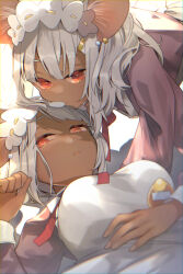Rule 34 | 2girls, absurdres, animal ears, breasts, daikokuten (fate), dark-skinned female, dark skin, dress, earrings, fate/grand order, fate (series), girl on top, hairband, hand on another&#039;s stomach, highres, jewelry, large breasts, lolita hairband, long sleeves, looking at viewer, lying, medium hair, mouse ears, mouse girl, mouse tail, multiple girls, on back, parted lips, pink dress, red eyes, simple background, tail, tia (cocorosso), white hair