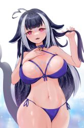 Rule 34 | 1girl, absurdres, adjusting hair, ahoge, arm tattoo, bikini, black hair, blue bikini, blue collar, blush, breasts, cetacean tail, chest tattoo, cleavage, collar, facial tattoo, fins, fish tail, halterneck, heart, heart-shaped pupils, heart ahoge, highres, indie virtual youtuber, kyune93, large breasts, long hair, looking at viewer, multicolored hair, navel, open mouth, orca girl, red eyes, shylily, shylily (bikini), side-tie bikini bottom, streaked hair, swimsuit, symbol-shaped pupils, tail, tattoo, virtual youtuber, water, white hair
