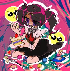 Rule 34 | 1girl, aise (gssns1ove), ame-chan (needy girl overdose), bandaged wrist, bandages, black nails, black ribbon, black skirt, black socks, brown hair, cake, cake slice, cigarette, collar, collared shirt, commentary request, cookie, drooling, drop shadow, emoji, food, fork, full body, hair ornament, hair over one eye, hair tie, hairclip, heart, holding, holding plate, macaron, multicolored nails, nail polish, neck ribbon, needy girl overdose, plate, pleading face emoji, purple eyes, red nails, red shirt, ribbon, ringed eyes, shirt, shirt tucked in, sitting, skirt, socks, solo, suspender skirt, suspenders, twintails, white collar, x hair ornament