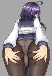 Rule 34 | 10s, 1girl, ass, ass grab, bad id, bad pixiv id, black pantyhose, blue skirt, blush, brown eyes, cowboy shot, deep skin, eyebrows, from behind, grabbing own ass, grey background, hair flaps, hands on ass, highres, kantai collection, long hair, long sleeves, looking at viewer, looking back, low twintails, miniskirt, panties, panties under pantyhose, pantyhose, pantyshot, pleated skirt, profile, purple hair, red eyes, school uniform, serafuku, simple background, skirt, solo, spread ass, stitches, taigei (kancolle), terakoya, twintails, underwear