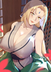 Rule 34 | 1girl, absurdres, bare shoulders, breasts, cleavage, collarbone, commentary request, covered erect nipples, guudoung guudong, hair intakes, highres, huge breasts, lips, long hair, looking at viewer, naruto, naruto (series), orange eyes, puffy nipples, smile, solo, tsunade (naruto), very long hair