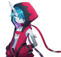 Rule 34 | 1boy, armlet, blue hair, closed mouth, colored skin, cowboy shot, disgaea, expressionless, gloves, grey skin, hair over one eye, hands in pockets, harada takehito, hood, hoodie, horns, looking away, makai senki disgaea 6, male focus, messy hair, official art, red eyes, single horn, skin-covered horns, solo, transparent background, zed (disgaea)