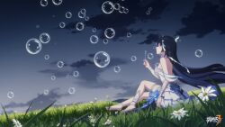 Rule 34 | 1girl, absurdres, bare shoulders, barefoot, bubble, chinese commentary, cloud, cloudy sky, colored inner hair, detached sleeves, dress, feet, flower, grass, highres, honkai (series), honkai impact 3rd, legs, logo, long hair, looking up, multicolored hair, official art, official wallpaper, on grass, outdoors, plant, seele vollerei, seele vollerei (herrscher of rebirth), sitting, sky, smile, soles, solo, toes, white dress, white flower, white headwear