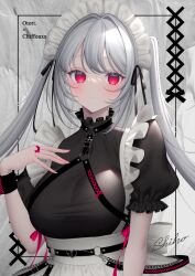 Rule 34 | 1girl, apron, black dress, blush, breasts, commentary request, dress, frilled apron, frills, grey hair, hand up, highres, long hair, looking at viewer, maid, maid headdress, medium breasts, original, parted lips, puffy short sleeves, puffy sleeves, red eyes, sakura shiho, short sleeves, signature, solo, twintails, upper body, very long hair, white apron