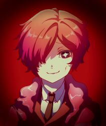 Rule 34 | 1girl, absurdres, blood, blood on face, brown necktie, collared shirt, commentary request, e.g.o (project moon), employee (project moon), gradient hair, highres, hinamikan, jacket, lobotomy corporation, looking at viewer, multicolored hair, necktie, open clothes, open jacket, orange hair, pink hair, pink jacket, portrait, project moon, red background, red vest, shirt, smile, solo, sparkling eyes, vest, white shirt