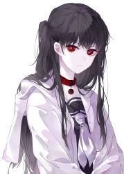 Rule 34 | 1girl, absurdres, black hair, bright pupils, closed mouth, coat, collar, eyelashes, highres, kisame (klelloch), long eyelashes, long hair, looking at viewer, multicolored eyes, necktie, original, purple eyes, red collar, red eyes, road sign, side ponytail, sign, simple background, solo, stop sign, white background, white coat, white necktie, white pupils
