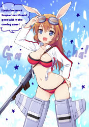 Rule 34 | 1girl, animal ears, between breasts, bikini, blue eyes, breasts, brown hair, browning automatic rifle, charlotte e. yeager, crop top, english text, goggles, goggles on head, gun, hand on own hip, hip focus, kotoyoro, machine gun, medium breasts, mochiya marosuke, navel, new year, open clothes, open mouth, open shirt, rabbit, rabbit ears, rabbit girl, rabbit tail, red bikini, rifle, shirt, solo, star (symbol), strike witches, striker unit, swimsuit, tail, weapon, world witches series