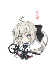 Rule 34 | 1girl, :o, ahoge, black bow, black dress, black footwear, blue eyes, blush, boots, bow, braid, chibi, commentary request, dress, fate/grand order, fate (series), full body, gabiran, grey hair, hair between eyes, hair bow, holding, holding staff, long hair, looking at viewer, lowres, morgan le fay (fate), parted lips, ponytail, simple background, solo, staff, standing, thigh boots, translation request, very long hair, white background