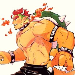Rule 34 | anger vein, angry, armlet, bara, black pants, bowser, bracelet, breath weapon, breathing fire, claws, clenched teeth, collar, collarbone, cowboy shot, demon horns, fire, from side, green hair, highres, horns, humanization, jewelry, large hands, mario (series), monster boy, multicolored hair, muscular, muscular male, navel, nintendo, pants, pectorals, pointy ears, red hair, scales, sharp teeth, short hair, simple background, spiked armlet, spiked bracelet, spiked collar, spiked shell, spikes, sweatdrop, tail, teeth, thick eyebrows, topless male, two-tone hair, undercut, white background, yowasabimechaoc