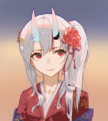 Rule 34 | 1girl, alternate costume, asymmetrical hair, breasts, cauchyconjugacy, chromatic aberration, closed mouth, commentary, eyelashes, facing viewer, floral print, flower, gradient background, grey background, hair between eyes, hair flower, hair ornament, hololive, horns, japanese clothes, kimono, light smile, looking to the side, medium hair, multicolored hair, nakiri ayame, nakiri ayame (new year), orange background, portrait, red eyes, red flower, red hair, red kimono, sakuramon, side ponytail, silver hair, skin-covered horns, small breasts, smile, solo, streaked hair, two-tone background, two-tone hair, virtual youtuber