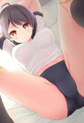 Rule 34 | &gt;:), 1girl, ahoge, arms up, black buruma, black hair, black socks, blush, breasts, brown eyes, buruma, closed mouth, commentary request, dutch angle, feet out of frame, gym shirt, gym uniform, kneehighs, komone ushio, leg hold, legs up, looking at viewer, lying, medium breasts, multiple girls, navel, on back, on bed, original, pillow, pov, shirt, shoes, short hair, smile, socks, solo, solo focus, sparkling eyes, stained clothes, v-shaped eyebrows, white shirt