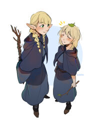 Rule 34 | 2girls, aged down, artist name, blonde hair, blue background, blue robe, blush, braid, brown footwear, closed mouth, commentary, doodlefox2, dungeon meshi, ear blush, elf, english commentary, falin thorden, falin thorden (tallman), full body, green eyes, highres, holding, holding staff, holding wand, leaf, leaf on head, long hair, looking at another, marcille donato, medium hair, multiple girls, notice lines, pointy ears, robe, smile, staff, standing, twin braids, two-tone background, wand, white background