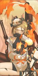 Rule 34 | 1girl, arknights, black footwear, black gloves, black ribbon, black shirt, black shorts, blonde hair, blood, blood on face, blue nails, breasts, brown jacket, closed mouth, commentary, fire, flamethrower, full body, gloves, highres, horned mask, ifrit (arknights), infection monitor (arknights), injury, jacket, kensei (v2), leg ribbon, long sleeves, looking at viewer, mask, mask on head, material growth, medium breasts, nail polish, one eye closed, open clothes, open jacket, orange eyes, oripathy lesion (arknights), ribbon, sandals, shirt, short hair, shorts, single glove, sitting, skin tight, sleeveless, sleeveless shirt, smile, solo, symbol-only commentary, toenail polish, toenails, weapon, weapon on back, wiping face