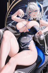 Rule 34 | 1girl, absurdres, alcohol, bare shoulders, black dress, blue eyes, blush, breasts, choko (cup), cleavage, cup, dore (gilles dore), dress, highres, horns, large breasts, long hair, looking at viewer, mole, mole under mouth, open mouth, original, ponytail, pouring, pouring onto self, sake, short dress, silver hair, sitting, solo, tail, thighs, tokkuri, tongue, tongue out