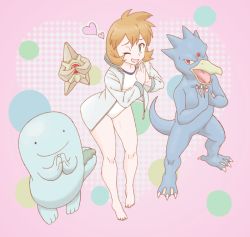 Rule 34 | 1girl, blue eyes, breasts, claws, creatures (company), female focus, game freak, gen 1 pokemon, gen 2 pokemon, golduck, gym leader, hair between eyes, legs apart, looking at viewer, misty (pokemon), nintendo, nomura (buroriidesu), one-piece swimsuit, one eye closed, own hands together, pokemon, pokemon (creature), quagsire, smile, standing, staryu, swimsuit, white one-piece swimsuit, wink