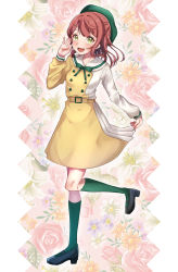 Rule 34 | 1girl, artist name, artist request, belt, beret, black footwear, blush, bow, bowtie, braid, braided bun, breasts, buttons, dress, dress shirt, female focus, floating hair, full body, green bow, green eyes, green hat, green legwear, green ribbon, hair bun, hair ornament, hand wave, hat, highres, holding, holding clothes, holding skirt, layered skirt, long sleeves, looking at viewer, love live!, love live! nijigasaki high school idol club, love live! school idol festival, miniskirt, mirai harmony, orange hair, parted lips, plaid, plaid skirt, pleated, pleated skirt, red hair, ribbon, sailor collar, shirt, shoes, short hair, side bun, single hair bun, skirt, small breasts, smile, solo, standing, standing on one leg, star (symbol), star hair ornament, two-tone dress, two-tone shirt, uehara ayumu, wavy hair, white sailor collar, white shirt, white skirt, yellow belt, yellow eyes, yellow shirt, yellow skirt