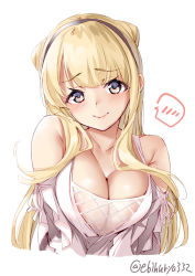 Rule 34 | 1girl, alternate costume, black hairband, blonde hair, blush, breasts, casual, cleavage, collarbone, ebifurya, fletcher (kancolle), hairband, highres, kantai collection, large breasts, long hair, purple eyes, simple background, smile, solo, spoken blush, twitter username, white background