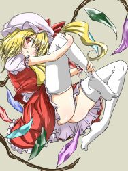 Rule 34 | 1girl, ascot, blonde hair, blush, crystal, fang, flandre scarlet, grey background, hat, naodx, puffy short sleeves, puffy sleeves, red eyes, ribbon, short hair, short sleeves, side ponytail, skirt, smile, solo, thighhighs, touhou, vest, white thighhighs, wings