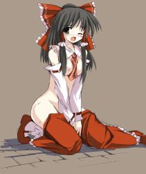 Rule 34 | 1girl, blush, bow, breasts, breasts squeezed together, detached collar, detached sleeves, female focus, hair bow, hakurei reimu, japanese clothes, legs folded, medium breasts, miko, no bra, nude, one eye closed, seo tatsuya, solo, touhou, wink
