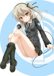 Rule 34 | 10s, 1girl, black footwear, black jacket, black necktie, black ribbon, black skirt, boots, brown eyes, commentary request, cross-laced footwear, dress shirt, emblem, flipper, full body, girls und panzer, hair ribbon, highres, invisible chair, jacket, lace-up boots, legs, light brown hair, long hair, long sleeves, looking at viewer, military, military uniform, miniskirt, necktie, parted lips, pleated skirt, ribbon, selection university (emblem), selection university military uniform, shimada arisu, shirt, side ponytail, sitting, skirt, solo, uniform, white shirt