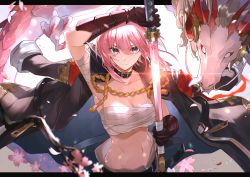Rule 34 | 1girl, absurdres, alchemy stars, arm up, bandaged arm, bandages, belt, black coat, breasts, cherry blossoms, chest sarashi, cleavage, closed mouth, coat, coat on shoulders, collar, collarbone, commentary request, dragon, eastern dragon, glint, gloves, highres, hiiro (alchemy stars), holding, holding sheath, holding sword, holding weapon, hoshi rasuku, huge filesize, katana, letterboxed, looking at viewer, medium breasts, navel, pink hair, rope, sarashi, sheath, shimenawa, solo, sword, unsheathing, upper body, vambraces, weapon