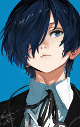 Rule 34 | 1boy, bishounen, black jacket, blue background, blue eyes, blue hair, collared shirt, commentary, hair over one eye, highres, isshiki (ffmania7), jacket, male focus, neck ribbon, persona, persona 3, ribbon, shirt, sketch, solo, symbol-only commentary, white shirt, yuuki makoto (persona 3)