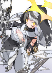 Rule 34 | 1girl, arrow cross, asymmetrical gloves, black capelet, black veil, borrowed character, bra, breasts, capelet, cleavage, commission, cross, damaged, doll joints, dress, facial mark, gloves, habit, halo, highres, holding, holding weapon, hourglass, injury, joints, large breasts, long hair, medium breasts, mismatched gloves, multicolored hair, nun, original, skeb commission, stole, torn clothes, torn dress, two-tone hair, underwear, veil, violet (ac8231), weapon, white bra, yellow eyes, zenmaibook