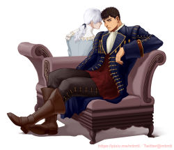 Rule 34 | 2boys, alternate costume, alternate hairstyle, androgynous, arm support, ascot, back, berserk, black hair, blue eyes, boots, brown eyes, couch, couple, enaki (mtmti), full body, griffith (berserk), guts (berserk), long hair, looking at viewer, male focus, multiple boys, pants, scar, scar on face, scar on nose, short hair, sitting, twitter username, wavy hair, white background, white hair