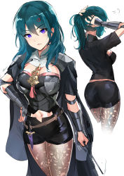 Rule 34 | &gt;:(, 1girl, adjusting hair, anger vein, aqua hair, arm at side, armor, arms up, ass, black shorts, blue eyes, blush, breasts, brown pantyhose, byleth (female) (fire emblem), byleth (fire emblem), cape, cleavage, closed mouth, dagger, fire emblem, fire emblem: three houses, from behind, gloves, hair between eyes, hairdressing, hand on own hip, highres, holding, knife, lace, lace-trimmed legwear, lace trim, looking at viewer, medium breasts, midriff peek, multiple views, navel, nintendo, ormille, pantyhose, pantyhose under shorts, pauldrons, pointer, ponytail, short sleeves, shorts, shoulder armor, simple background, sketch, tassel, tattoo, tying hair, vambraces, weapon, white background