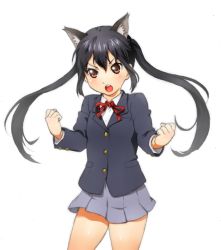 Rule 34 | 1girl, :o, animal ears, black hair, blazer, brown eyes, cat ears, cat girl, clenched hands, face, female focus, jacket, k-on!, long hair, nakano azusa, onsoku inu, open mouth, round teeth, school uniform, simple background, skirt, solo, teeth, thighs, twintails