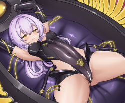 Rule 34 | 1girl, armpits, arms up, azur lane, bar censor, black leotard, blush, breasts, budesonide, censored, chinese commentary, corruption, covered erect nipples, covered navel, dark persona, grey hair, hair down, highres, javelin (azur lane), leotard, long hair, lying, medium breasts, pubic tattoo, restrained, siren (azur lane), smile, solo, spread legs, stationary restraints, tattoo, yellow eyes