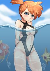 Rule 34 | 1girl, absurdres, adapted costume, asymmetrical hair, bare arms, bare legs, blue eyes, blush, breasts, covered collarbone, creatures (company), day, game freak, gen 1 pokemon, gym leader, highres, legs, looking at viewer, magikarp, medium breasts, misty (pokemon), navel, nico-mo, nintendo, nipples, open mouth, orange hair, outdoors, partially submerged, partially underwater shot, pokemon, pokemon: the electric tale of pikachu, ponytail, red hair, shirt, short hair, side ponytail, slingshot swimsuit, smile, solo, staryu, swimsuit, thighs, underwater, water, wet