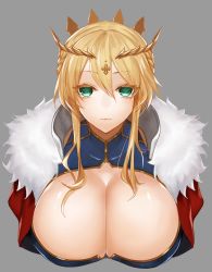 Rule 34 | 1girl, ahoge, apt, artoria pendragon (fate), artoria pendragon (lancer) (fate), blonde hair, braid, breasts, cleavage, closed mouth, crown, expressionless, fate/grand order, fate (series), french braid, fur trim, green eyes, hair between eyes, highres, large breasts, looking at viewer, sidelocks, upper body