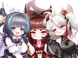 Rule 34 | 3girls, :d, :t, amagi-chan (azur lane), animal ear fluff, animal ears, antenna hair, azur lane, bell, black dress, black gloves, black hair, blunt bangs, bow, brown hair, cat ears, cheek poking, commentary request, cross, detached collar, dress, eyeshadow, fake animal ears, fang, fox ears, fox girl, fox tail, gloves, green eyes, grey hair, hair bell, hair between eyes, hair bow, hair ornament, hair ribbon, highres, iron cross, japanese clothes, jingle bell, kitsune, kokonoe910, kyuubi, little cheshire (azur lane), little prinz eugen (azur lane), long hair, long sleeves, looking at another, looking at viewer, maid, maid headdress, makeup, multicolored hair, multiple girls, multiple tails, open mouth, parted bangs, poking, pout, purple eyes, ribbon, rope, shimenawa, short hair, short sleeves, sidelocks, simple background, smile, streaked hair, tail, thick eyebrows, turtleneck dress, twintails, two-tone hair, two side up, wide sleeves, yellow eyes