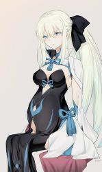 Rule 34 | 1girl, absurdres, big belly, black bow, black dress, blue eyes, bow, braid, breasts, center opening, clothing cutout, dress, fate/grand order, fate (series), french braid, hair between eyes, hair bow, highres, long hair, medium breasts, morgan le fay (fate), nitric acid, platinum blonde hair, ponytail, pregnant, sidelocks, sitting, solo, stomach cutout, two-tone dress