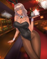 Rule 34 | 1girl, animal ears, bar (place), bottle, breasts, rabbit ears, chandelier, cowboy shot, cup, damegane, drinking glass, covered erect nipples, fake animal ears, female focus, hand on table, highres, indoors, large breasts, looking at viewer, lounge, original, pantyhose, playboy bunny, reena (damegane), silver hair, solo, standing, tan, thick thighs, thighs, wine bottle, wine glass, yellow eyes
