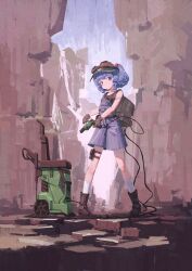 Rule 34 | 1girl, absurdres, backpack, bag, black tank top, blue eyes, blue hair, boots, brown footwear, brown gloves, closed mouth, collarbone, flat cap, full body, gloves, green hat, hair bobbles, hair ornament, hat, highres, holding, kawashiro nitori, nepperoni, short hair, socks, solo, tank top, touhou, two side up, white socks